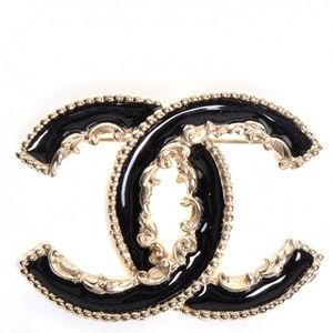 CHANEL Enamel CC Baroque Brooch Black Gold